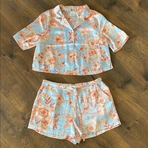 Josie Floral Button-Up Pajama Set in Light Blue and Orange Large
